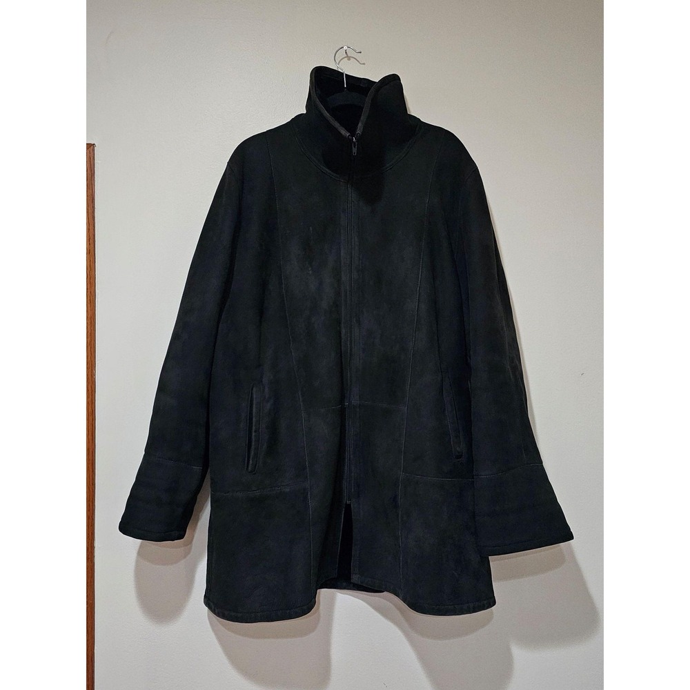 Ribnick Furs Suede Coat Womens L Black Zip Front Plush Lined Mid Length Warm